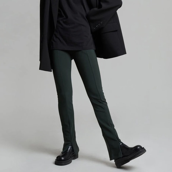 Frankie Shop Reya Ribbed Stretch Flare Zip Leggings Forest Green - Picture 1 of 14